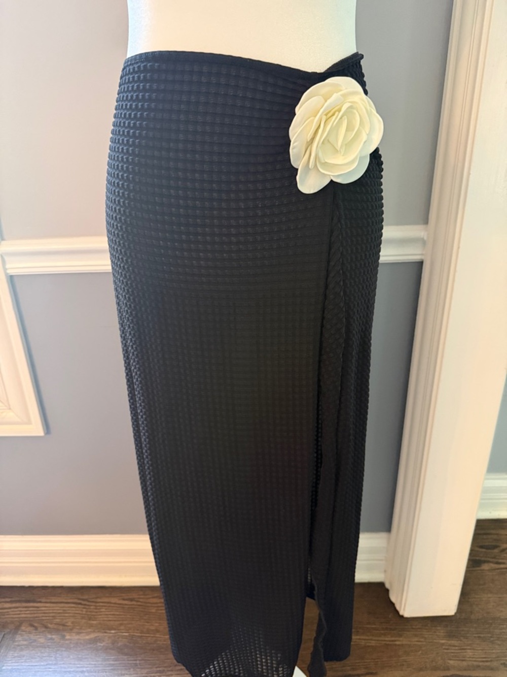 Black Maxi Swim Coverup Wrap Skirt with Cream Floral Accent